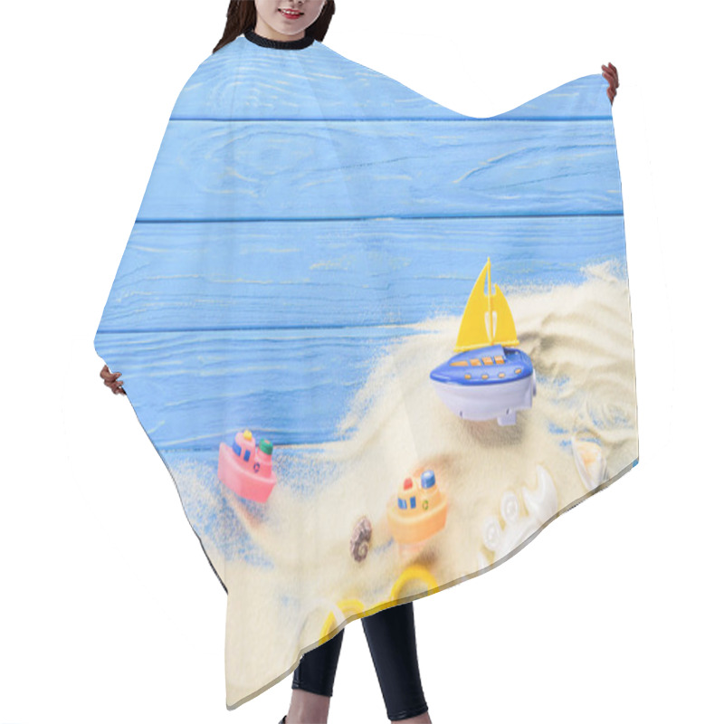 Personality  Beach Toys In Sand On Blue Wooden Background Hair Cutting Cape