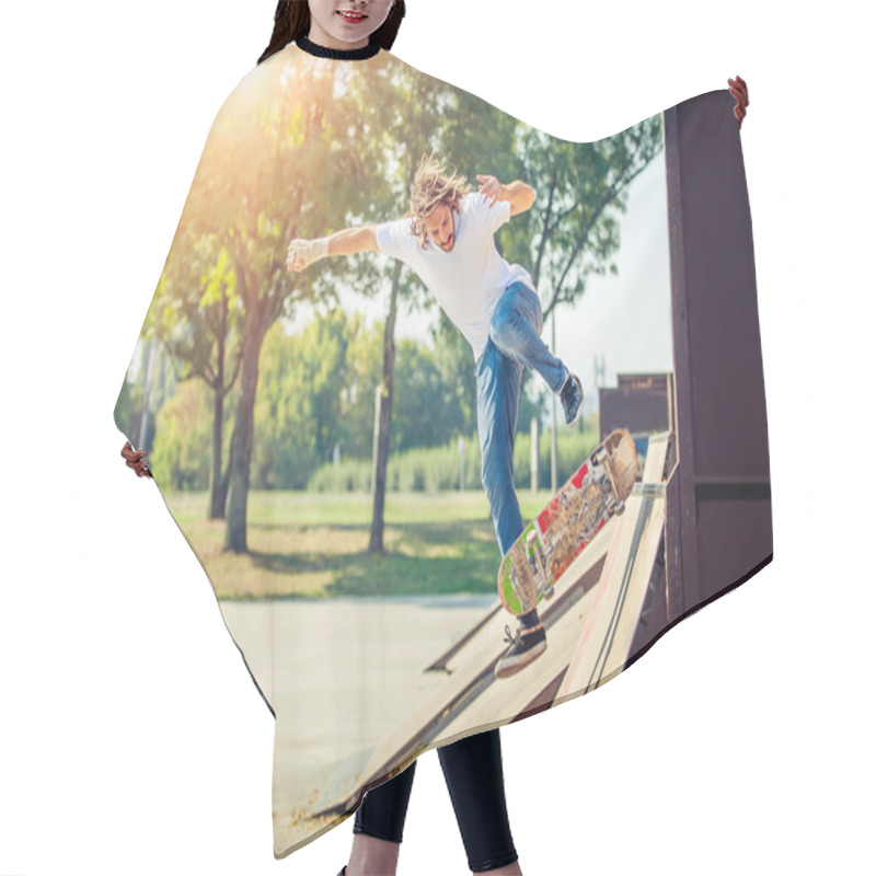 Personality  Young Man Riding Skate At Park And Falling Down Hair Cutting Cape