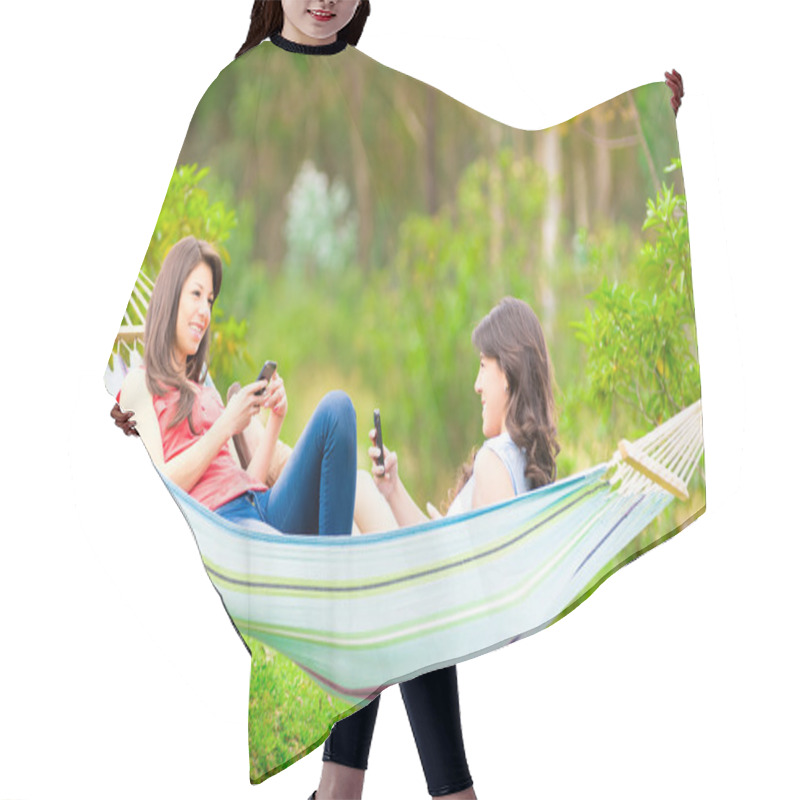 Personality  Two Young Girls Resting On A Hammock Smiling Hair Cutting Cape