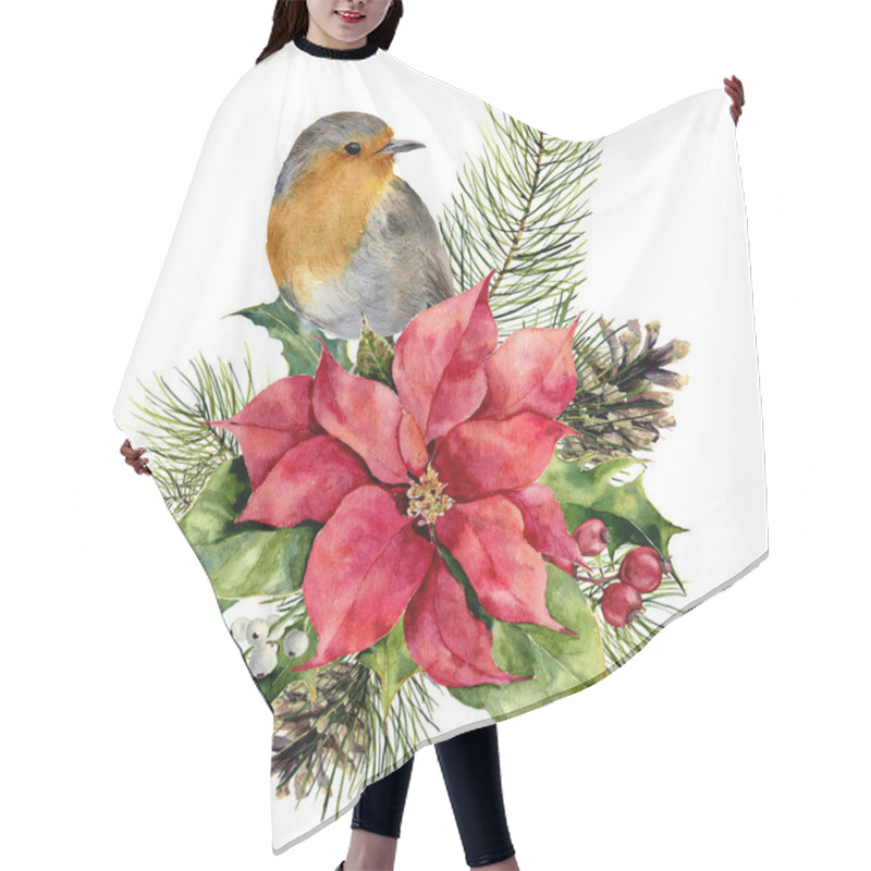 Personality  Watercolor Robin, Poinsettia With Christmas Floral Decor. Hand Painted Bird And Traditional Flower And Plants: Holly, Mistletoe, Berries And Fir Branch Isolated On White Background. Holiday Print. Hair Cutting Cape