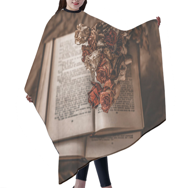 Personality  Open Book With Dried Roses Lying On Its Pages, Creating A Vintage And Nostalgic Atmosphere Hair Cutting Cape