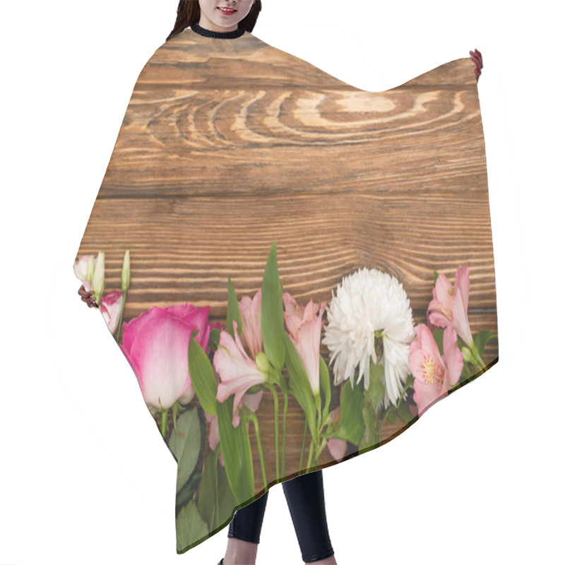 Personality  Top View Of Variety Of Pink And White Blooming Flowers On Wooden Surface Hair Cutting Cape