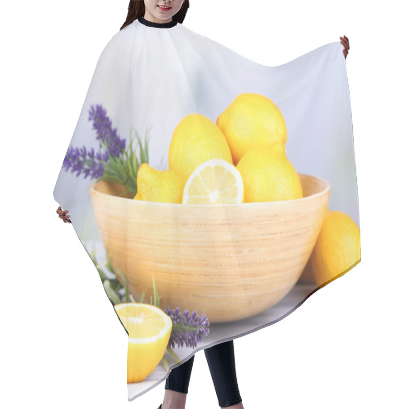 Personality  Still Life With Fresh Lemons And Lavender On Light Background Hair Cutting Cape