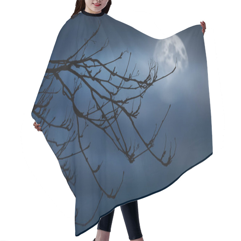 Personality  The Silhouette Of A Spooky Bare Branch Halloween Tree Against A Winter Blue Night Sky With A Glowing Full Moon Behind The Clouds Hair Cutting Cape