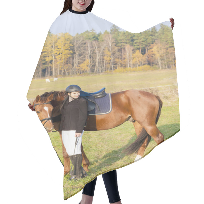 Personality  Equestrian With Her Horse On Meadow Hair Cutting Cape