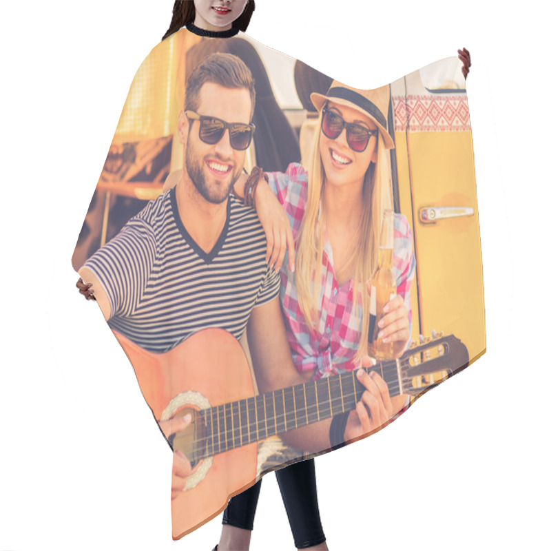 Personality  Man Sitting Playing Guitar With  Girlfriend Hair Cutting Cape