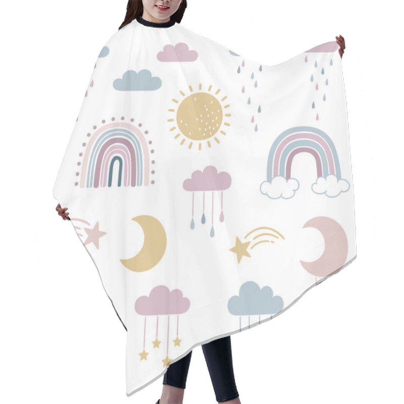 Personality  Set Of Doodle Sky And Weather Elements - Sun, Moon, Stars, Clouds, Raindrops And Rainbows, For Cute Childlike And Dreamy Design Hair Cutting Cape