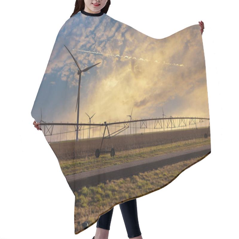 Personality  Wind Turbines Windmill Energy Farm The Beautiful Sunset With Irrigation Pivot System In Texas USA Hair Cutting Cape