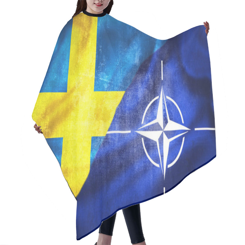 Personality  Stockholm, Sweden- May 3 2022: Grunge flags of Sweden and NATO illustration, concept of Sweden plans to enter NATO hair cutting cape