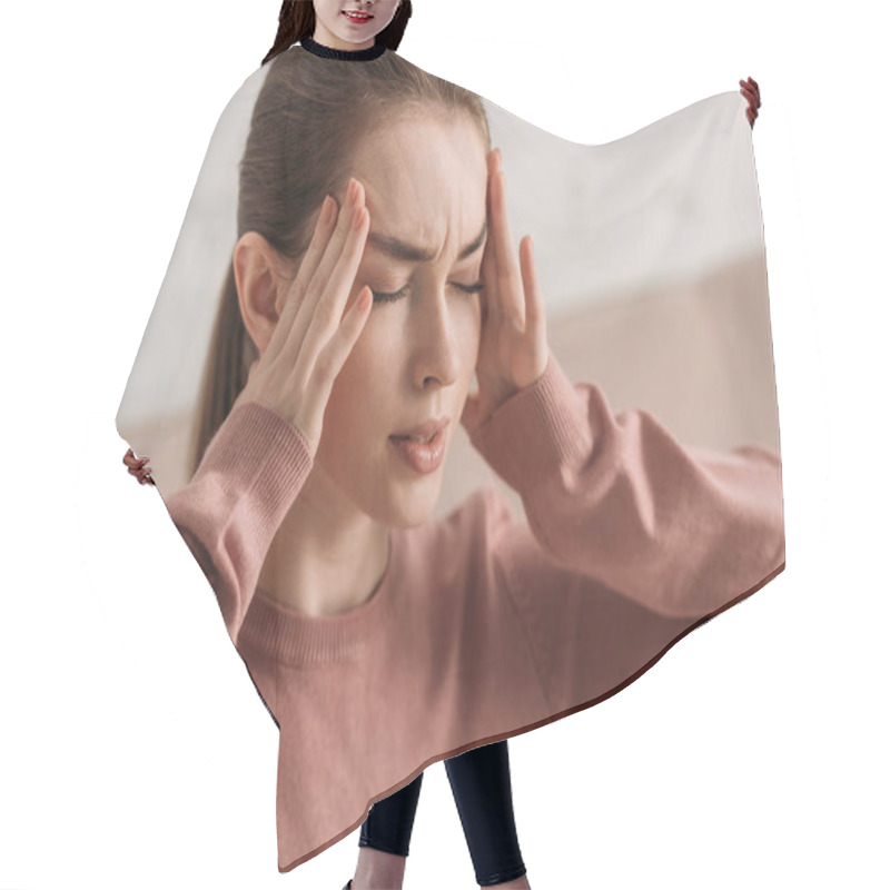 Personality  Young Woman Holding Hands Near Head While Suffering From Migraine With Closed Eyes Hair Cutting Cape