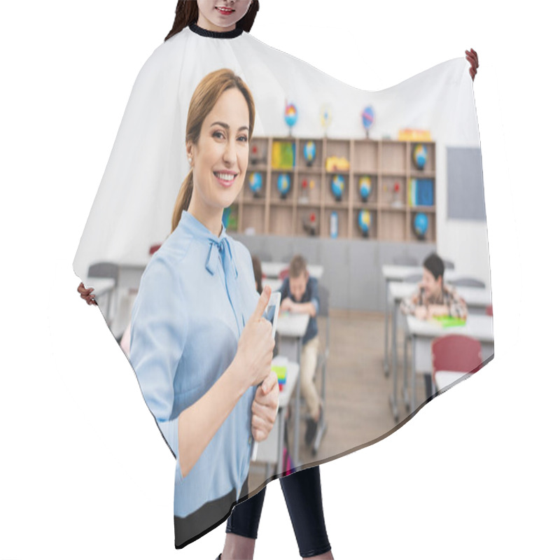 Personality  Laughing Teacher In Blue Blouse Standing In Front Of Pupils And Showing Thumb Up Hair Cutting Cape