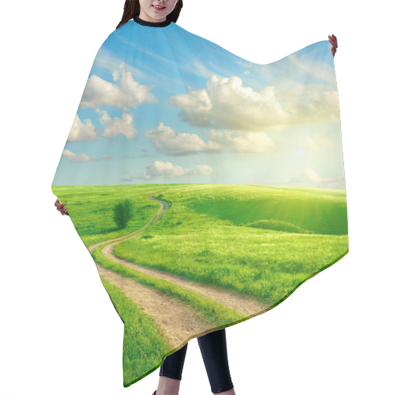 Personality  Summer Landscape With Green Grass, Road And Clouds Hair Cutting Cape