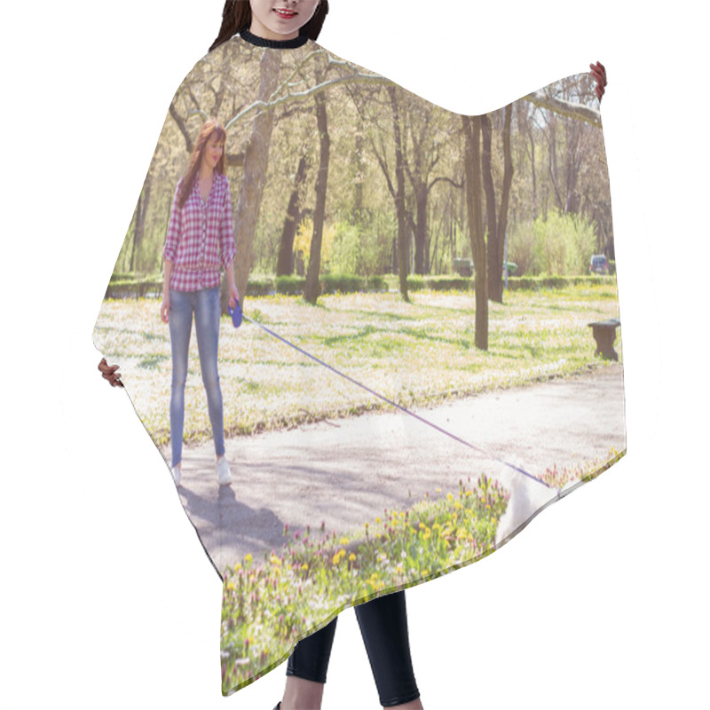 Personality  Happy Woman Enjoying Nature With Her Dog Hair Cutting Cape