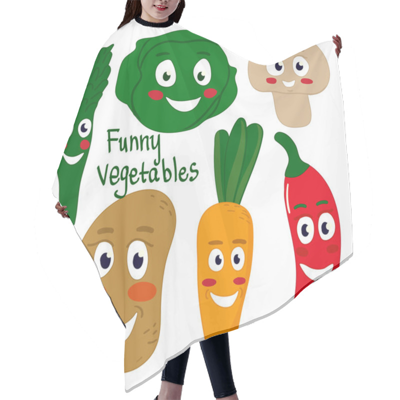 Personality  Set Vegetables Funny Characters. Cartoon Style. Face With Eyes And Smile. Chilli, Red Pepper, Mushroom, Mushroom, Carrots, Potatoes, Cabbage, Asparagus. Vector Isolated Illustration EPS 10 Hair Cutting Cape