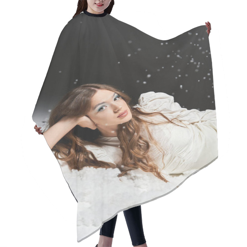 Personality  A Young Woman Lies Back In A Dreamy Setting Surrounded By Soft Clouds And Delicate Snowfall. Hair Cutting Cape