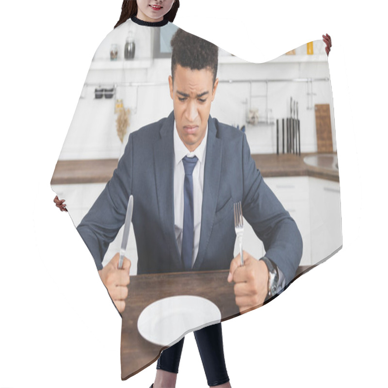 Personality  Frustrated African American Man Holding Cutlery And Looking At Empty Plate Hair Cutting Cape