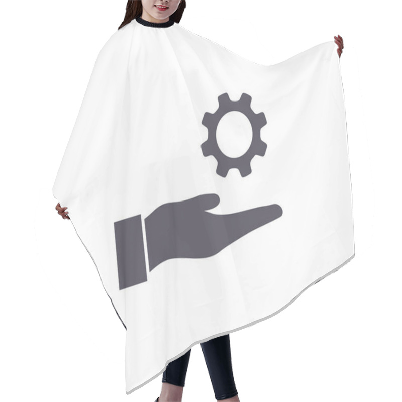 Personality  Hand Holding Gear, Engineer Symbol Logo Design. Development Cogwheel Symbol. Quality Design Element. Employee Hands Vector Design And Illustration. Hair Cutting Cape