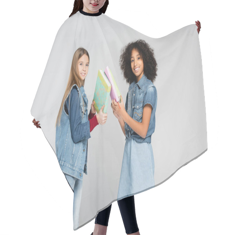 Personality  Smiling Schoolchildren Looking At Camera While Holding Books Isolated On Grey Hair Cutting Cape