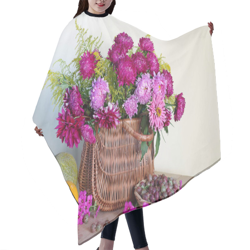 Personality  Still Life With Asters In A Basket On A White Background. Hair Cutting Cape