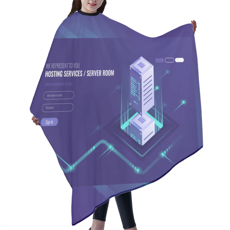 Personality  Hosting Services, Data Center, Server Server Room, Template Of Page On Information Technologies Theme Sometric Vector Illustration Ultraviolet Hair Cutting Cape