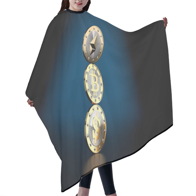 Personality  Balancing Act -  Three Golden Coins - Bitcoin, Dollar And Ethereum - 3D Rendering  Hair Cutting Cape