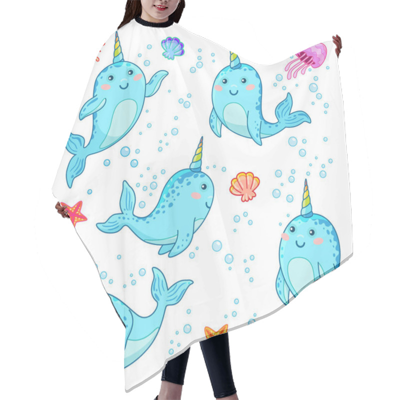 Personality  Cute Cartoon Kawaii Narwhals With Rainbow Horn, Sea Unicorn Cute Illustration Hair Cutting Cape