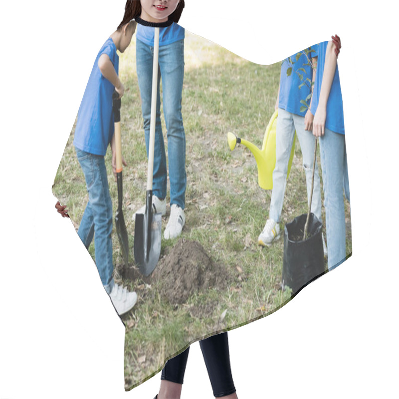 Personality  Cropped View Of Mother And Daughter Holding Young Tree And Watering Can While Father And Son Digging Ground, Ecology Concept Hair Cutting Cape