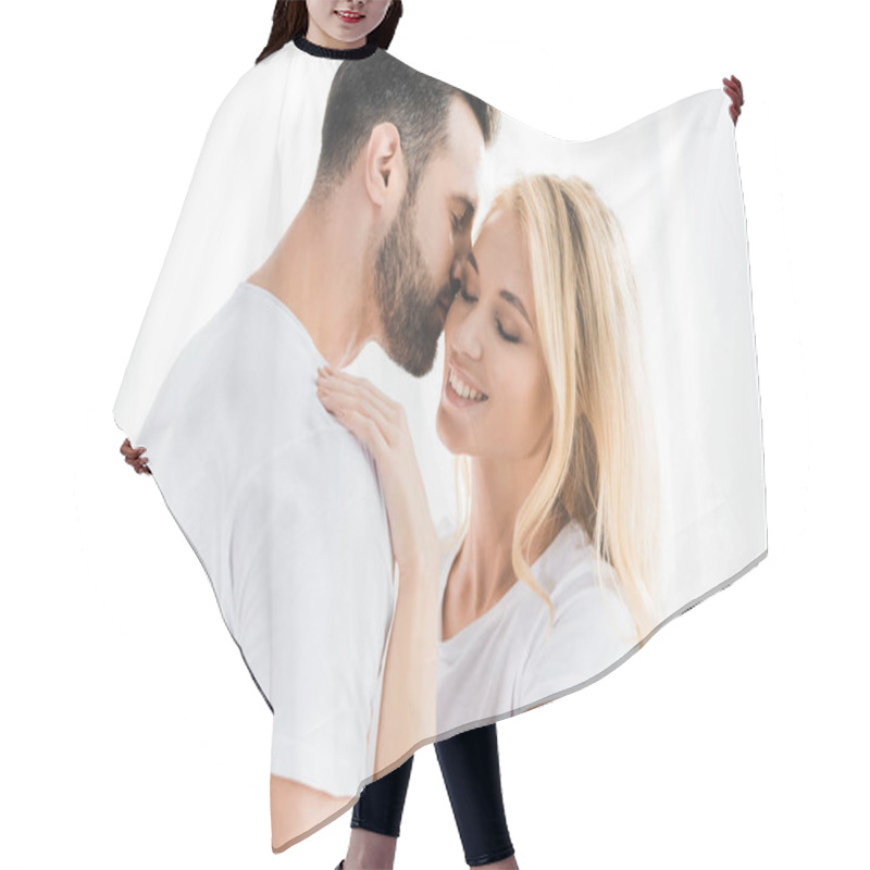 Personality  Beautiful Happy Romantic Couple Embracing At Home Hair Cutting Cape