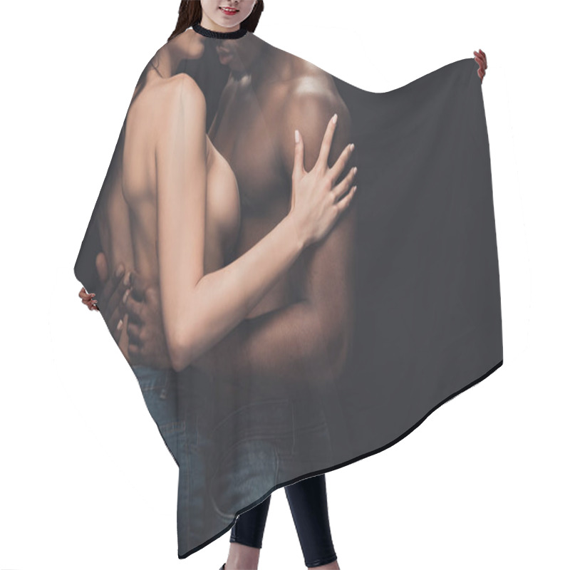 Personality  Cropped View Of Half-naked Interracial Couple Embracing Isolated On Black With Copy Space Hair Cutting Cape