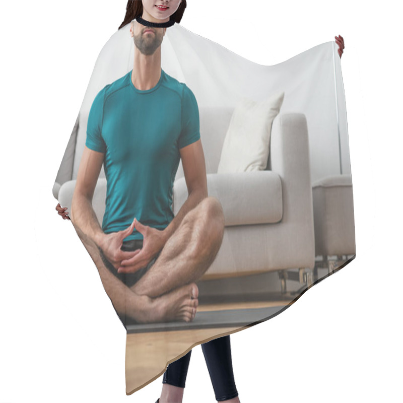 Personality  Cropped View Of Barefoot Man Meditating In Lotus Pose At Home Hair Cutting Cape