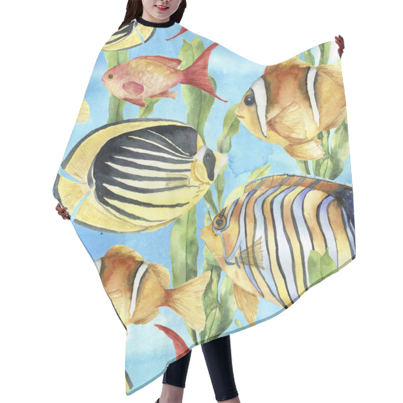 Personality  Watercolor Underwater Pattern. Hand Painted Tropic Fish: Angelfish, Butterflyfish, Clownfish And Laminaria On Blue Background. Tropic Sea Illustration. Hair Cutting Cape