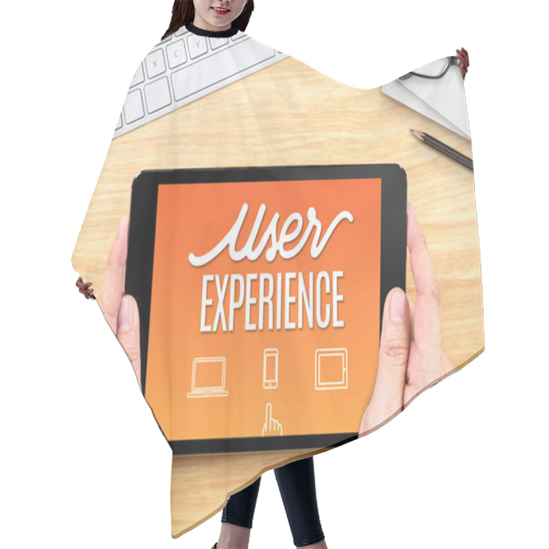 Personality    Tablet With User Experience Word  Hair Cutting Cape