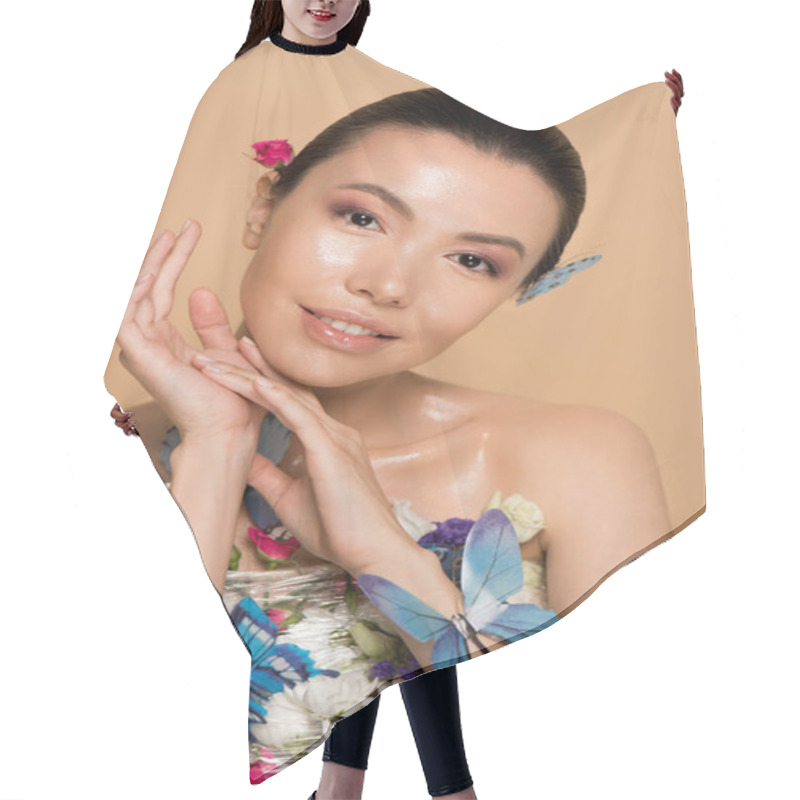 Personality  Attractive Tender Naked Asian Girl In Flowers With Butterflies On Body Isolated On Beige Hair Cutting Cape