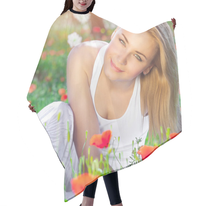 Personality  Beautiful Girl On Poppy Flower Field Hair Cutting Cape