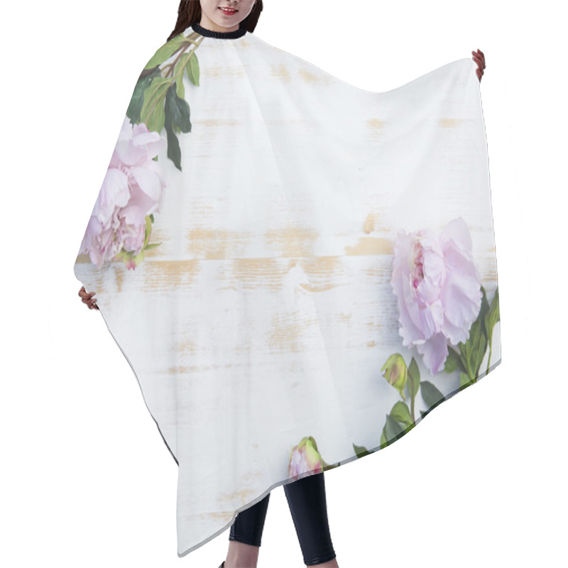 Personality  Pink Peonies On White Rustic Wooden Background Hair Cutting Cape