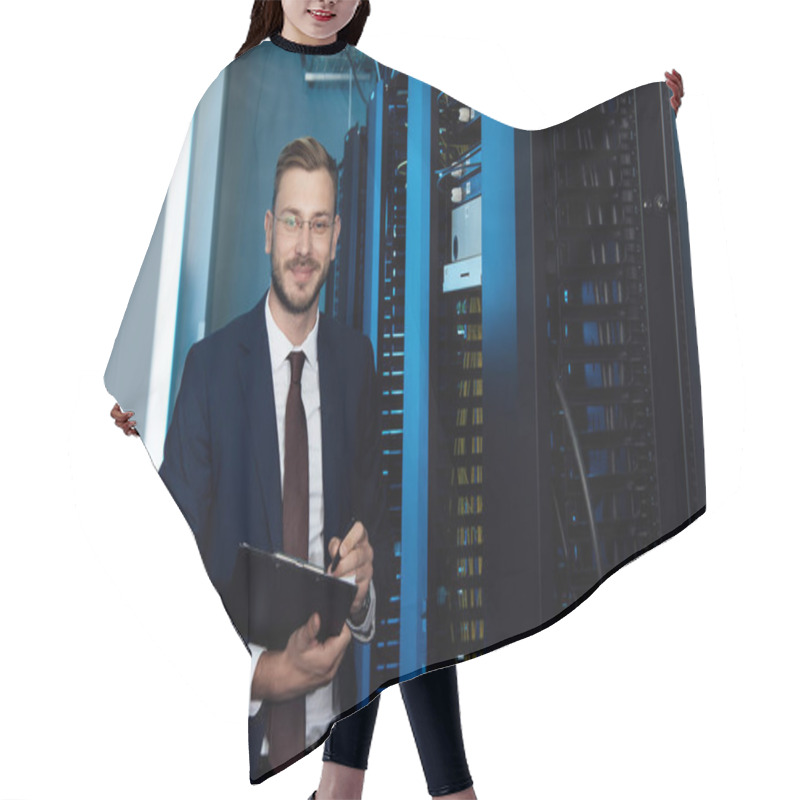 Personality  Happy Businessman In Glasses Holding Clipboard In Data Center  Hair Cutting Cape