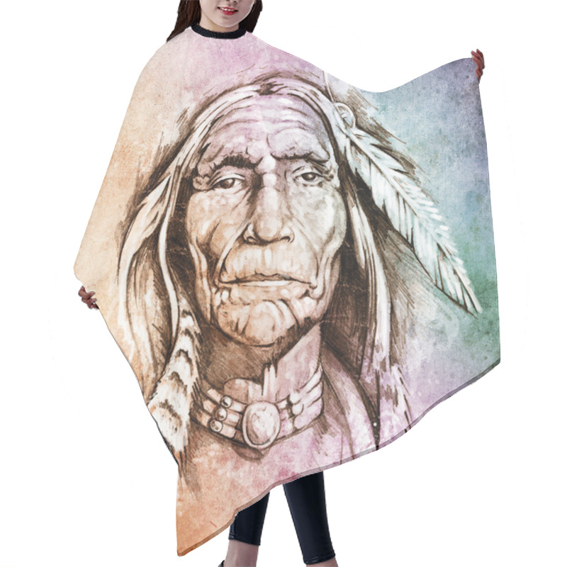 Personality  Sketch Of Tattoo Art, Portrait Of American Indian Head Over Colo Hair Cutting Cape