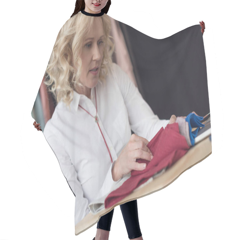 Personality  Businesswoman Choosing Fabric Samplers Hair Cutting Cape