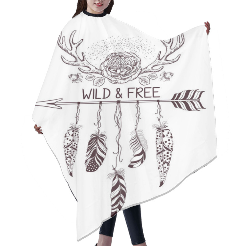 Personality  Hand Drawn Boho Style Design With Rose Flower, Arrow And Feathers. Hair Cutting Cape