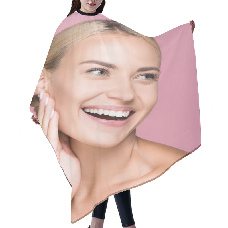 Personality  Smiling Beautiful Blonde Woman Touching Face Isolated On Pink Hair Cutting Cape