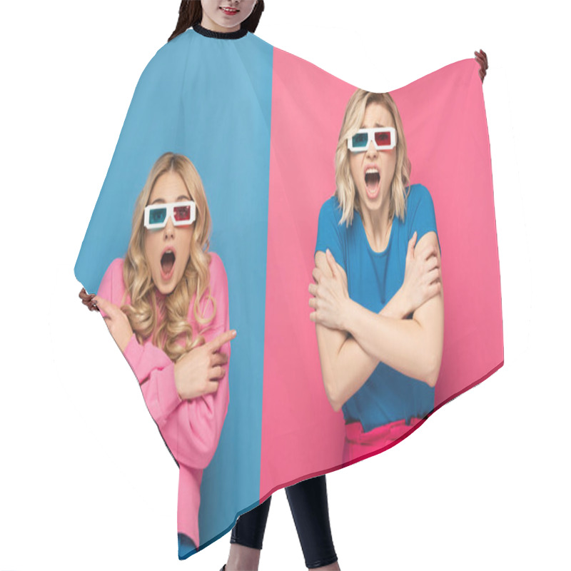 Personality  Scared blonde sisters in 3d glasses looking at camera on blue and pink background hair cutting cape