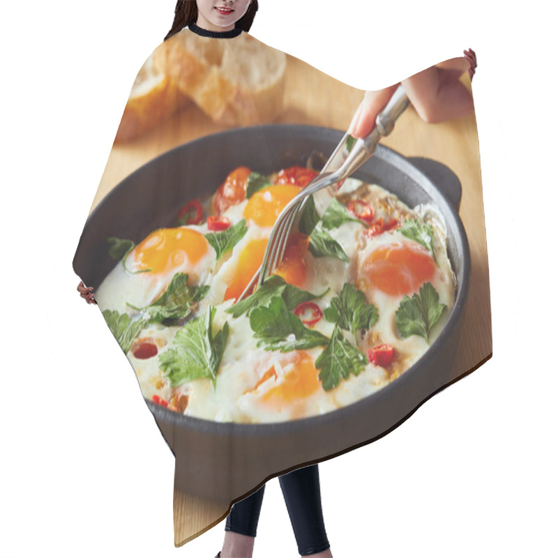 Personality  Cropped View Of Eating Fried Eggs With Parsley And Chili Pepper On Wooden Table With Fork And Knife Hair Cutting Cape