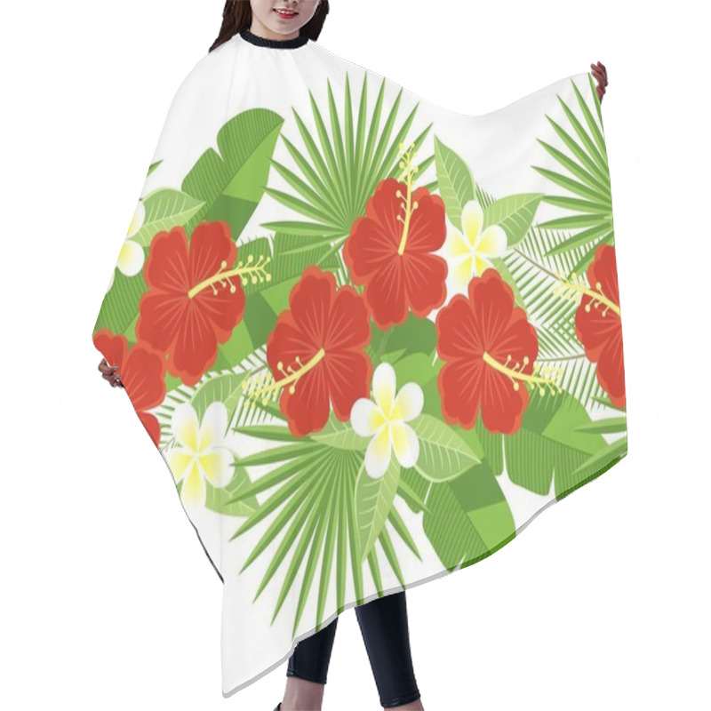 Personality  Seamless Strip Of Tropical Flowers And Leaves. Decorative Strip Of Flowers Of Hibiscus And Plumeria, Palm Leaf, Monstera. Floral Pattern. Plumeria And Hibiscus. Hair Cutting Cape