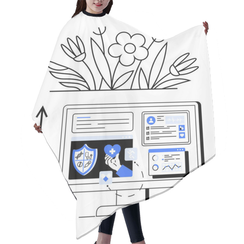 Personality  Computer Screen With Health Icons, Digital Interfaces, And Blooming Flowers Symbolizing Growth And Wellness. Ideal For Themes Of Health Innovation, Digital Growth, Protection, Technology, Wellness Hair Cutting Cape