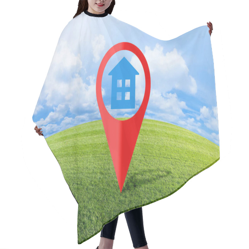 Personality  Real Estate And Building Activity Concept With A Vacant Land On A Green Field Available For Building Construction - Concept With Red Location Pin Point Icon Hair Cutting Cape