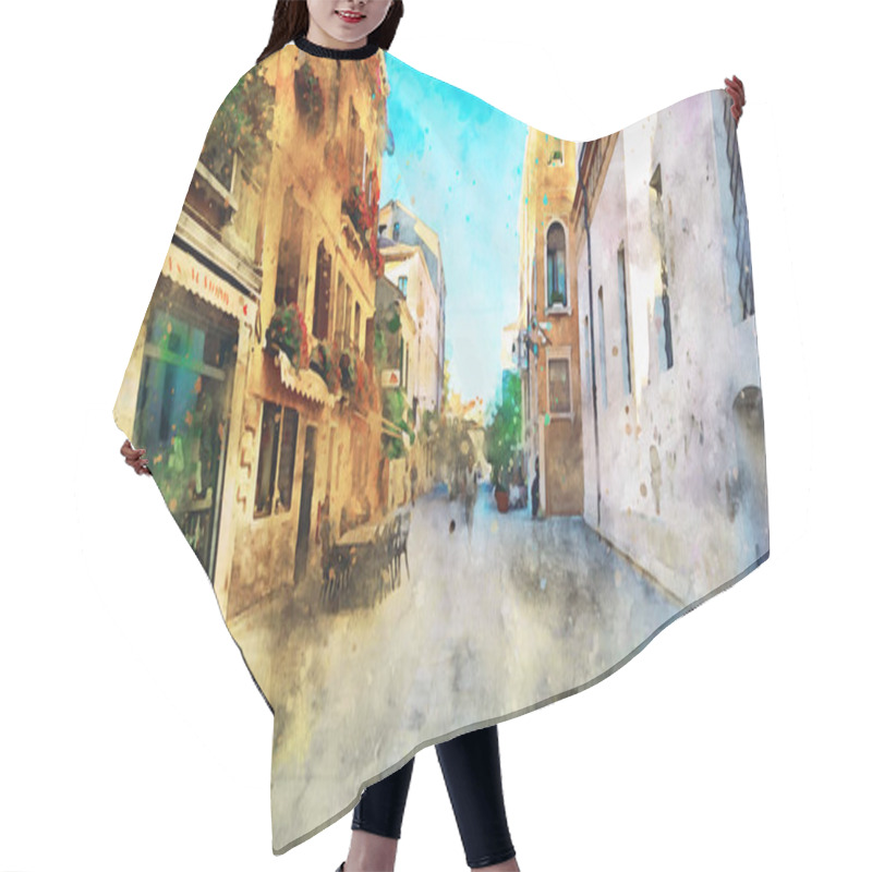 Personality  Watercolor Drawing Old European City. Beautiful View Of Streets, Buildings, Shops, Cafes, Passers-by Hair Cutting Cape