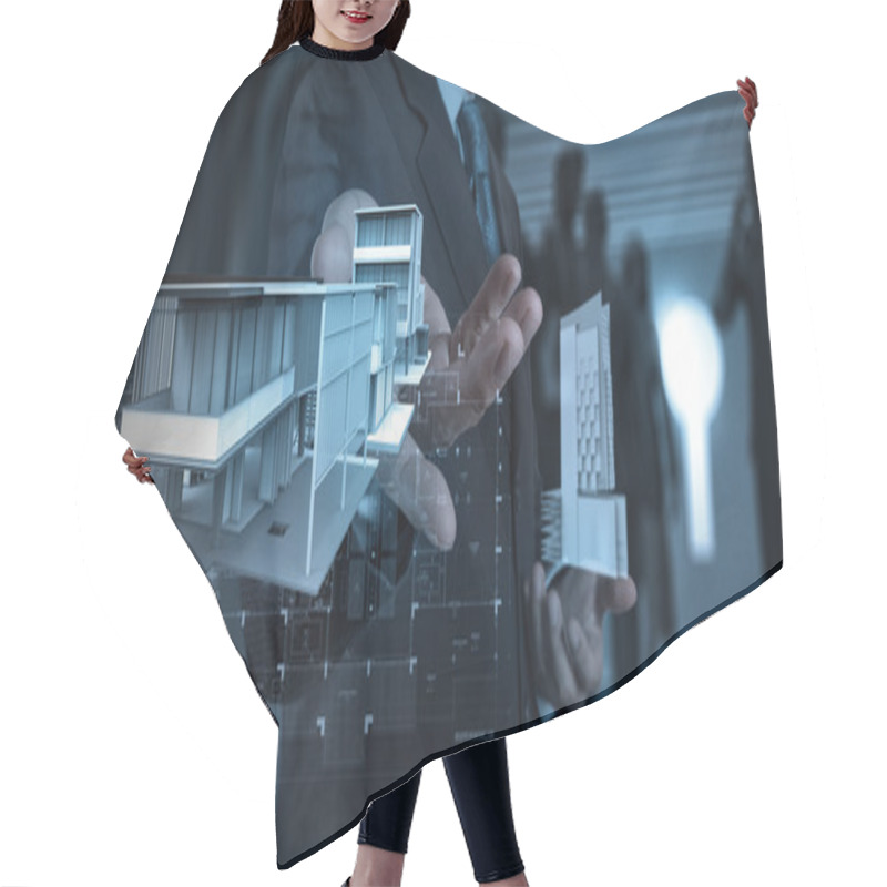 Personality  Businessman Hand Presents House Model On Modern Computer Hair Cutting Cape