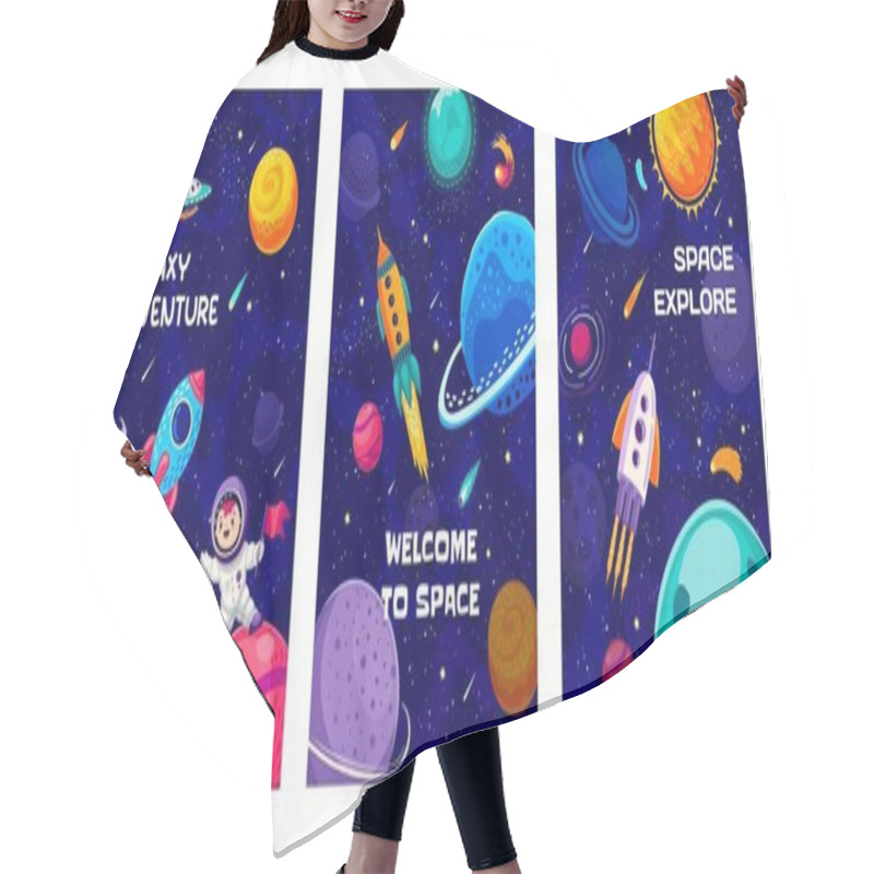 Personality  Galaxy Space Posters With Kid Astronaut, Rocket Spaceship And Planets, Cartoon Vector. Kid Spaceman With Flag On Galaxy Planet With Alien UFO, Asteroids And Rockets In Starry Galactic Sky Background Hair Cutting Cape