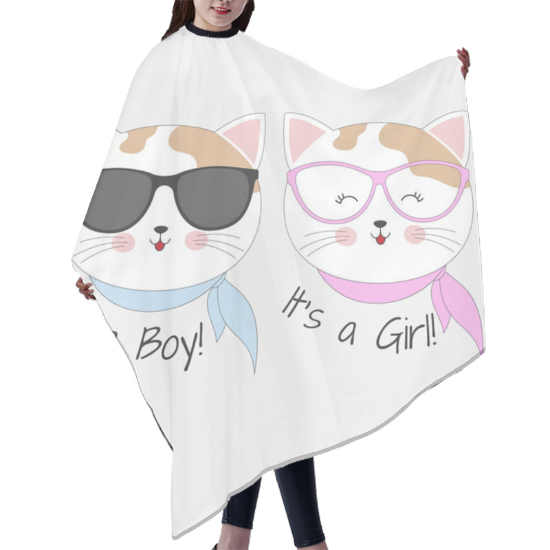 Personality  Lovely Cats Boy And Girl In Glasses Isolated On White Background. This Is A Vector Illustration Hand Drawn Available For For T-shirt Prints And Other Uses. Greeting Card. Hair Cutting Cape