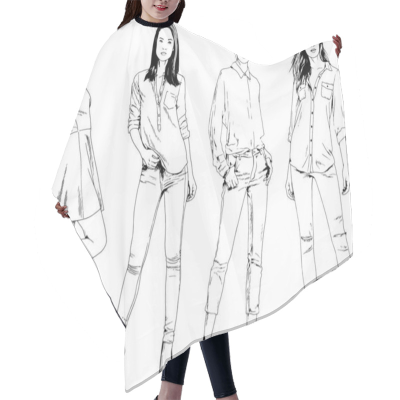 Personality  Beautiful Slim Girl In Casual Clothes, Drawn In Ink By Hand On A White Background Hair Cutting Cape